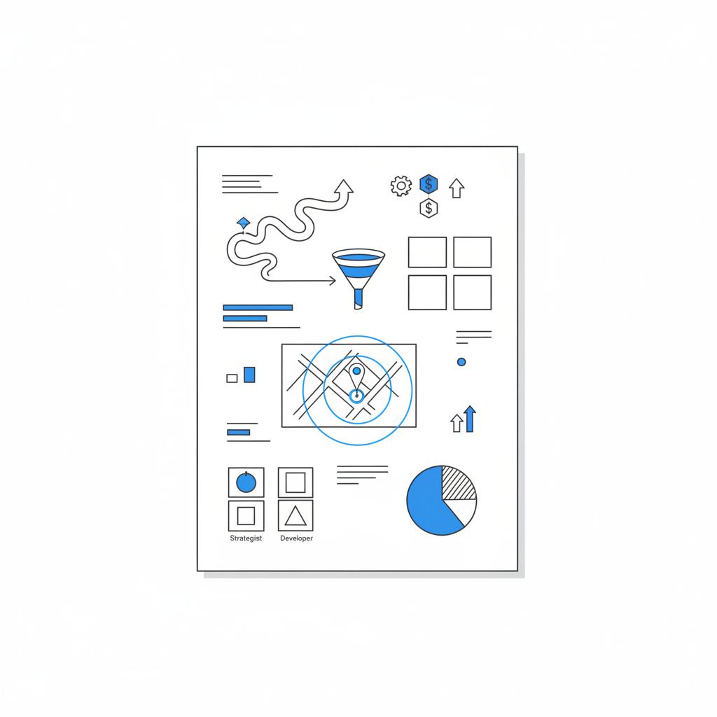 Top-down vector illustration of a planning desk showing hand-drawn campaign sketches, venue target radius map, and a pie chart budget split for TikTok event promotion, white and blue palette.