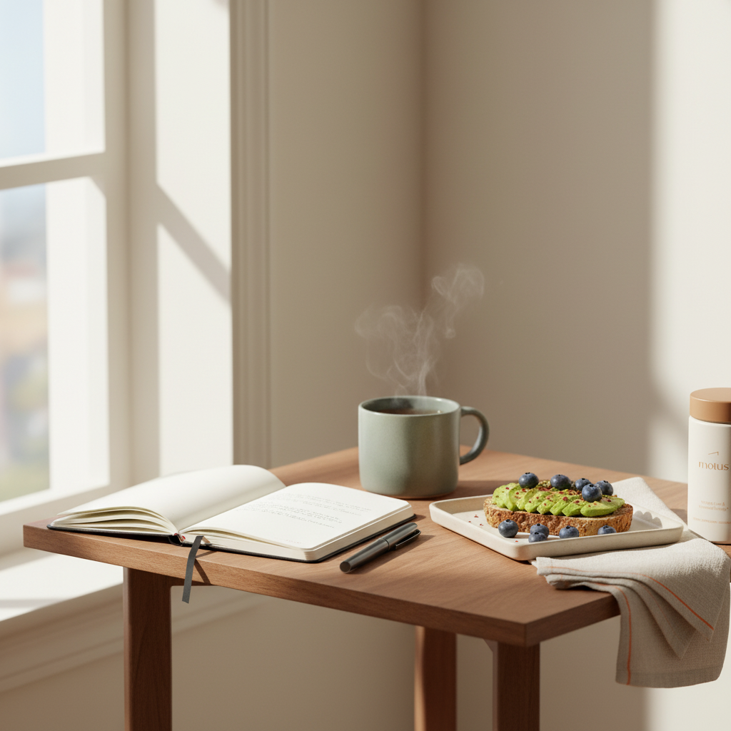 Minimalist morning breakfast scene with Tonum Motus jar beside a journal, cup of tea, and whole-food plate, highlighting weight-focused wellbeing and nutrition coach vs health coach.
