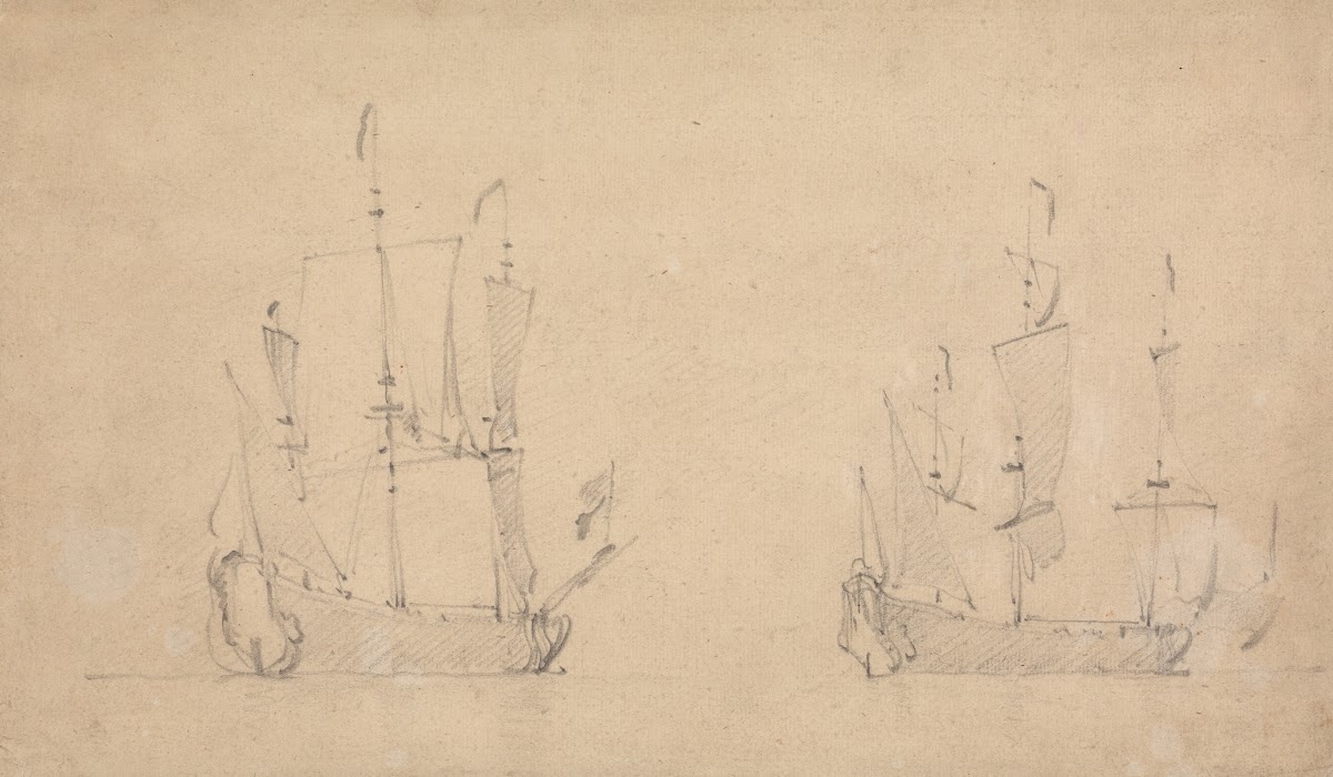 Starboard quarter view of a Flagship in light airs between 1675 and 1685