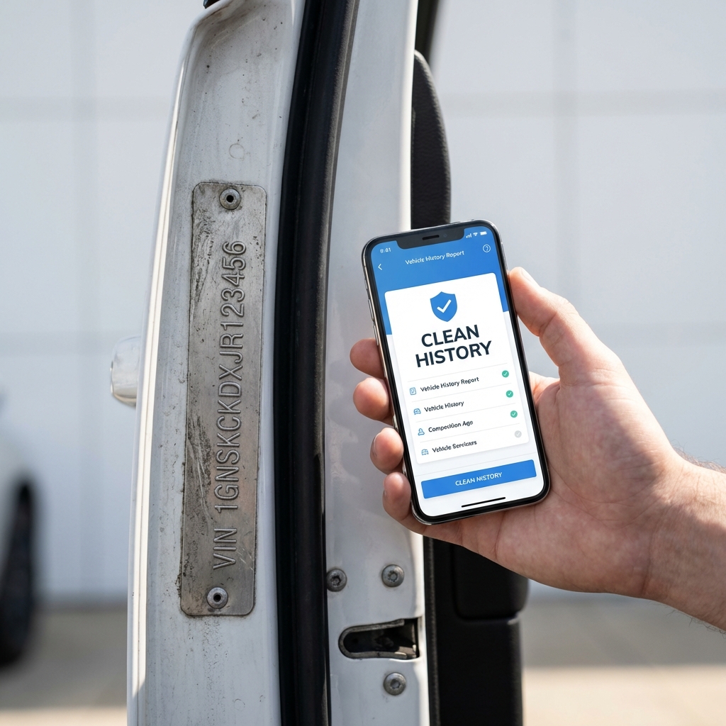 Close up of VIN plate on a used SUV with hand holding phone showing a vehicle history report on a clean white background minimalist composition suvs for sale