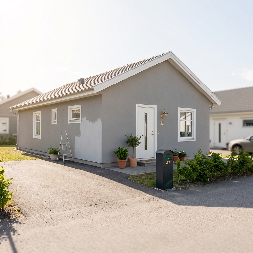Daytime photo of a quiet suburban street focusing on a small rental property with maintenance signs and an empty driveway illustrating examples passive income