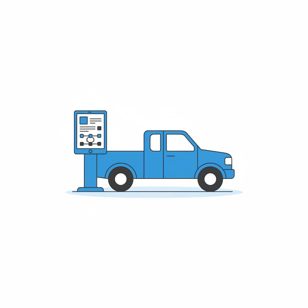 Minimalist 2D vector of a pickup truck and freestanding tablet showing an abstract VIN based vehicle history report in a dealership setting illustrating pick up trucks for sale