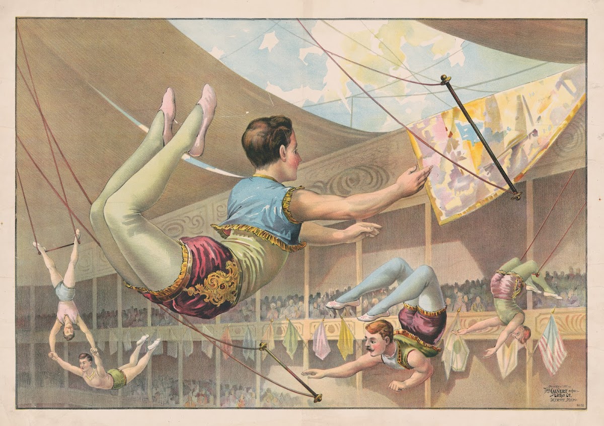 Five male acrobats performing at a circus 1890