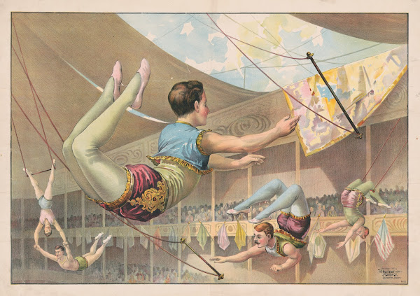 Five male acrobats performing at a circus 1890