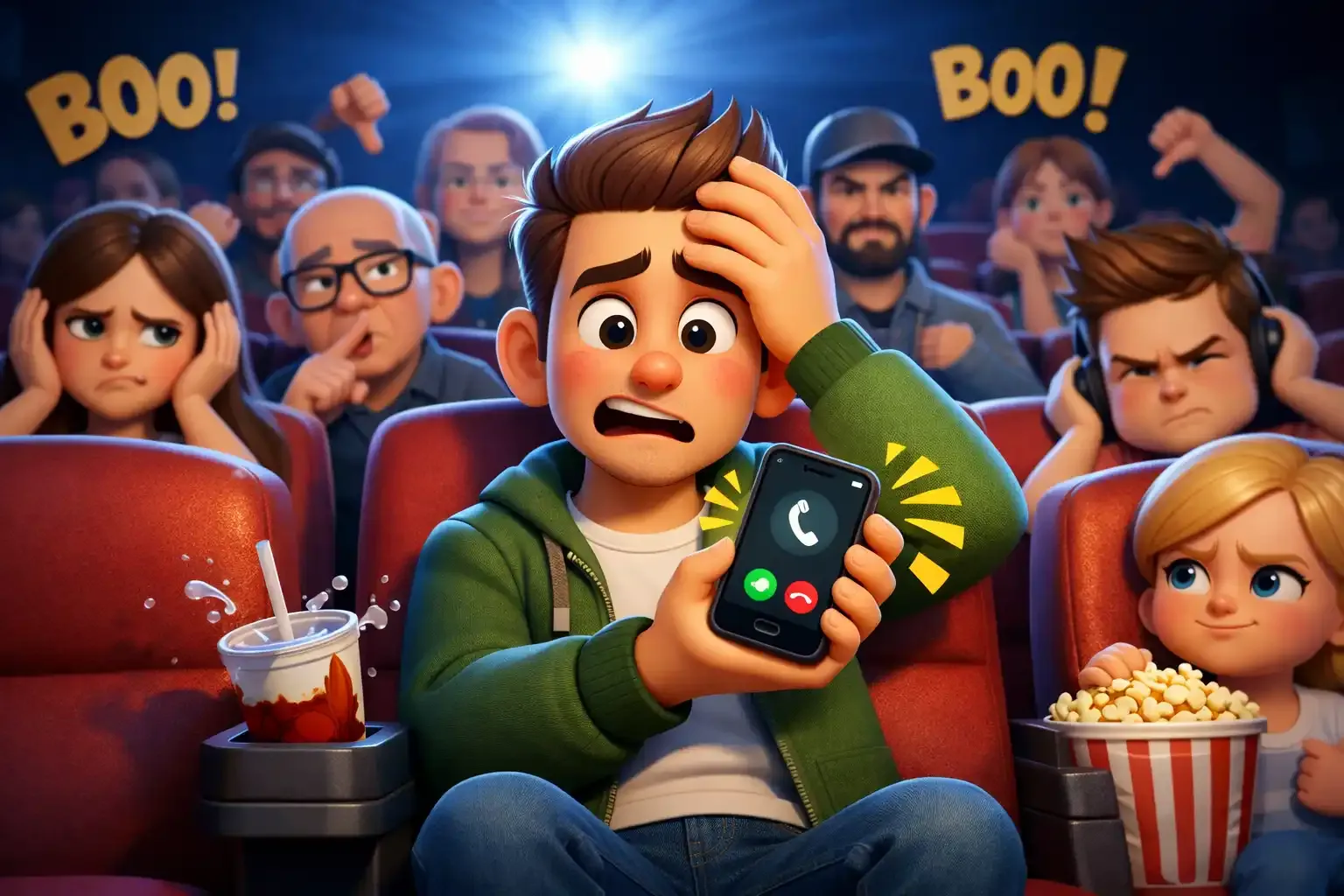 Joven en un cine con expresión de vergüenza sosteniendo un teléfono celular que suena, mientras los espectadores de atrás se quejan y lo abuchean.