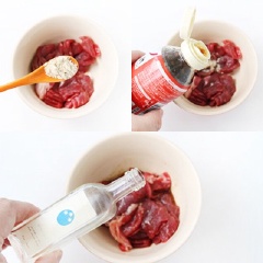 Thịt bò cắt nhỏ, ướp với 1 muỗng cà phê hạt nêm, 1 muỗng canh nước sốt nướng BBQ và 5ml dầu ăn vào với thịt bò. Trộn đều tất cả rồi ướp trong khoảng nửa tiếng.