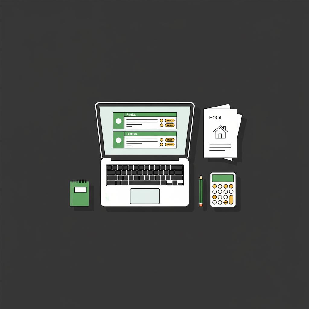 Minimalist vector desk scene with laptop showing schematic rental listings printed HOA packet and calculator conveying preparation before buying property investment for beginners
