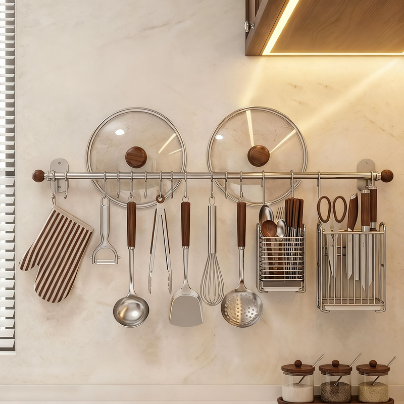 Stainless steel wall holder with hooks for kitchen utensils