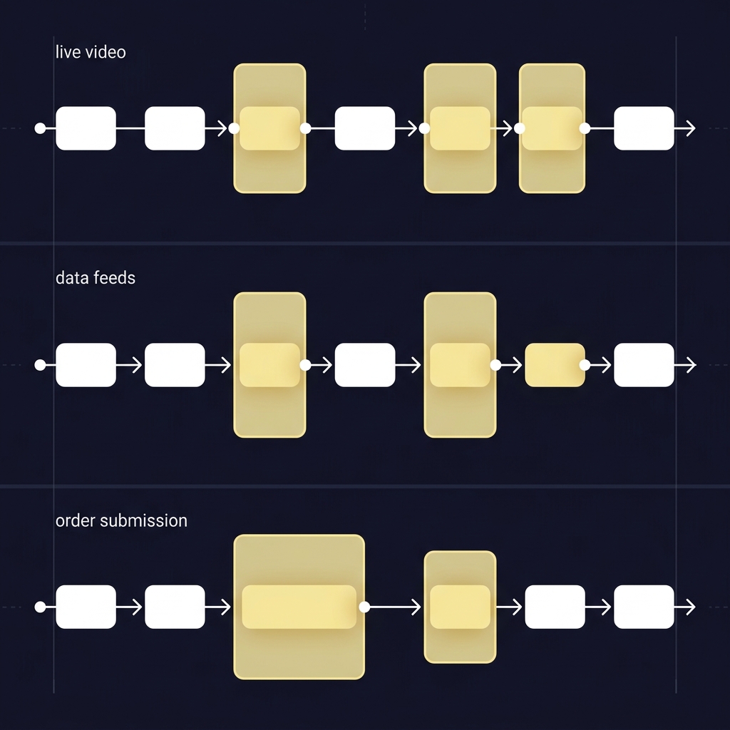 Flat 2D vector diagram showing latency buffers between live video data feeds and order submission paths emphasizing Using Pre-Game Research in Live Markets with Funded Plays brand colors