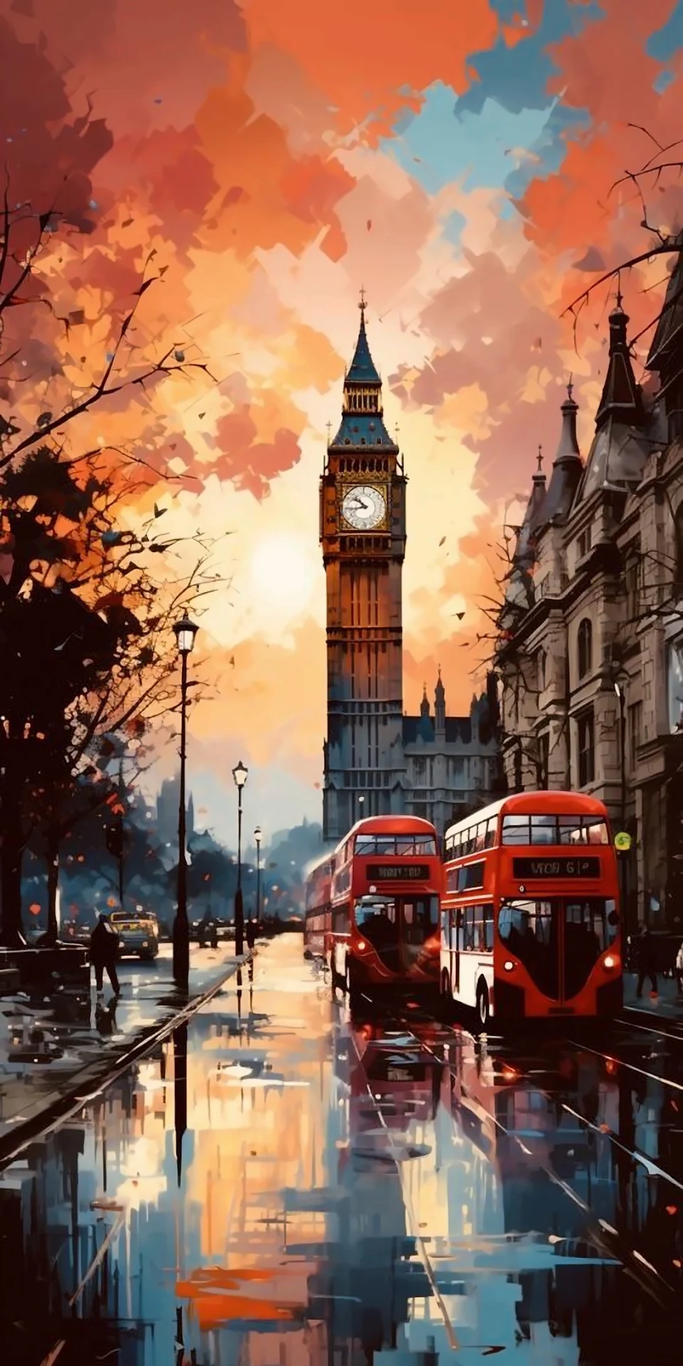 Impressionist London Sunset Big Ben Double Decker Buses - Free 4K mobile Wallpaper
