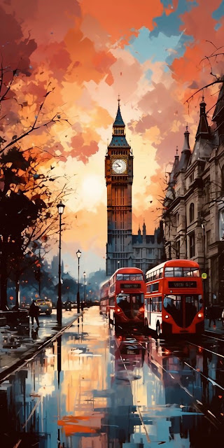 Impressionist London Sunset Big Ben Double Decker Buses - Free mobile Wallpaper