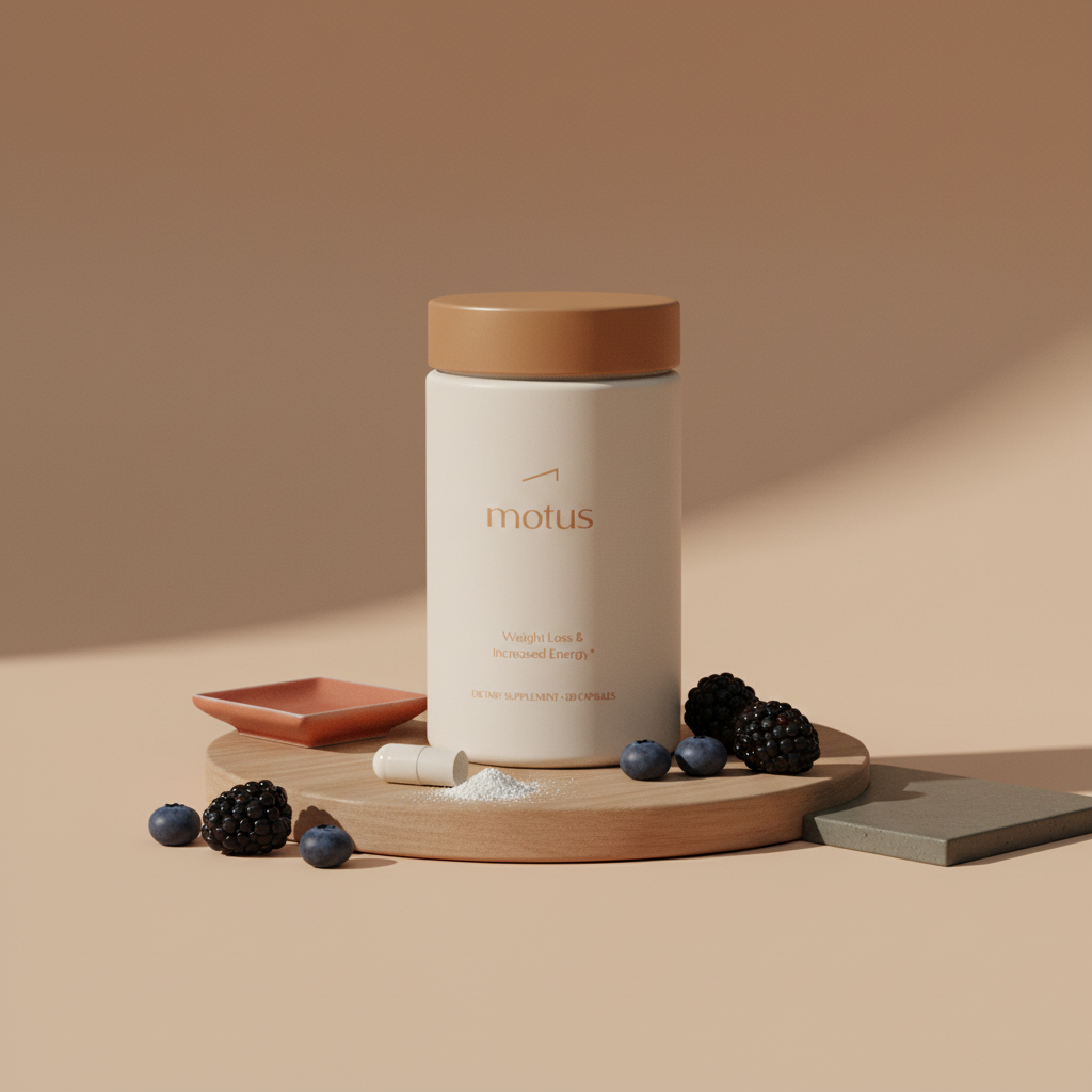 Tonum Motus jar on a wooden pedestal with berries and a capsule on beige #F2E5D5 background, minimalist clinical calm scene for probiotics and medications.