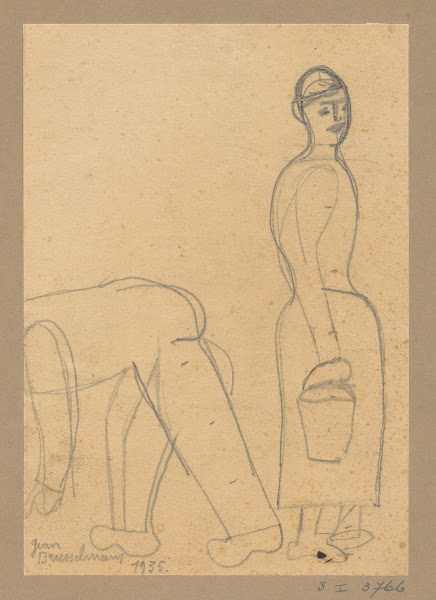 Bent man and woman in profile carrying a bucket 1935
