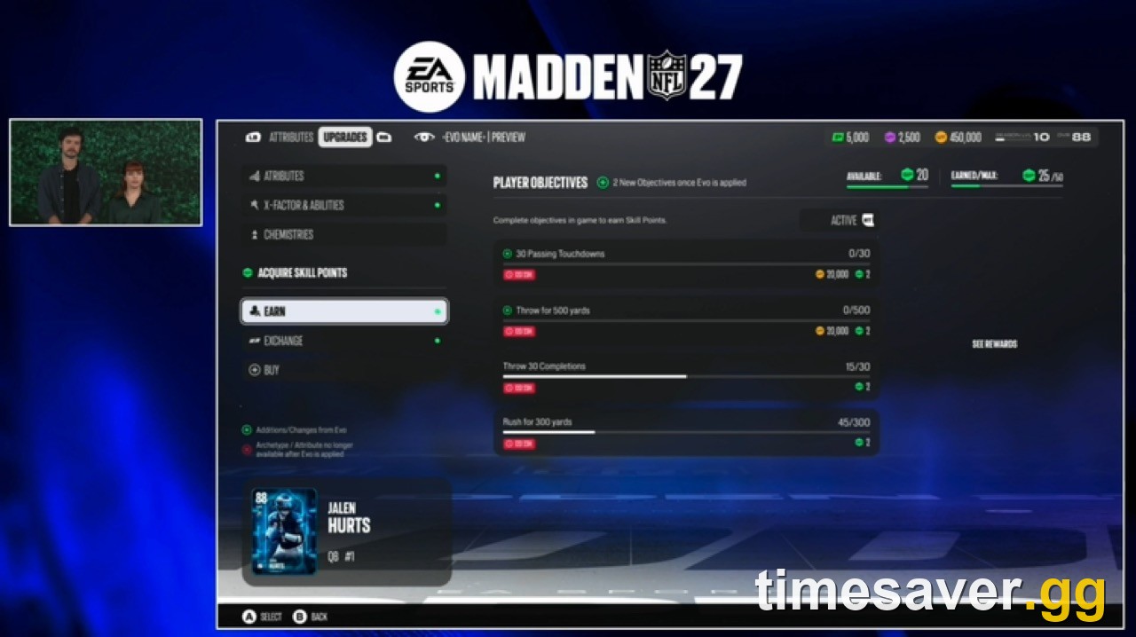 Madden NFL 27 Acquire Skill Points screen showing the in-game objectives that earn the skill points used to unlock abilities and X-Factors