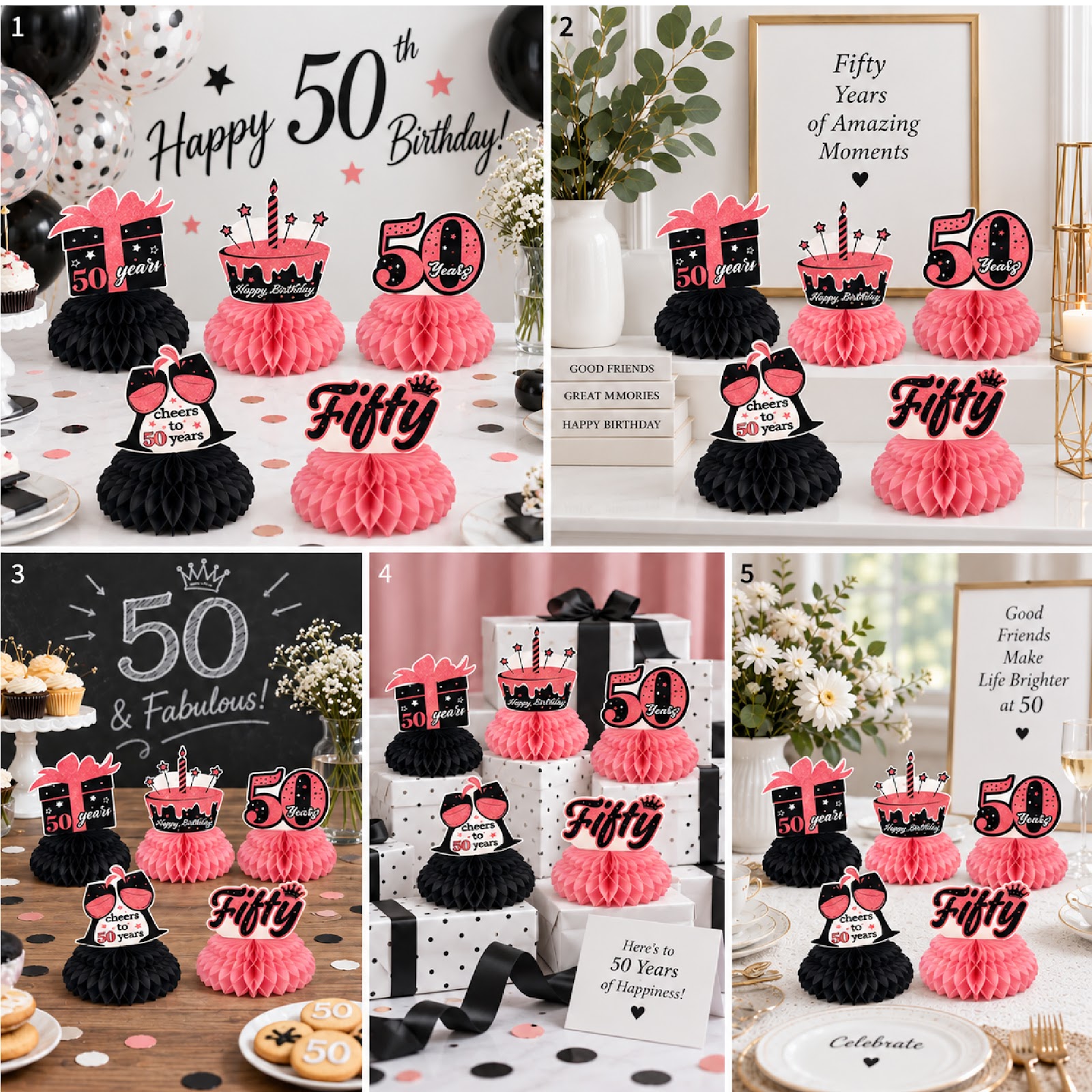 5-Piece 50th Birthday Decorations for Women, Black and Rose Gold Honeycomb Centerpieces for Tables, 50 Years Old Birthday Table Decorations Party Supplies, Birthday Complete Decorations Kit for Her, 6 Pack view 4