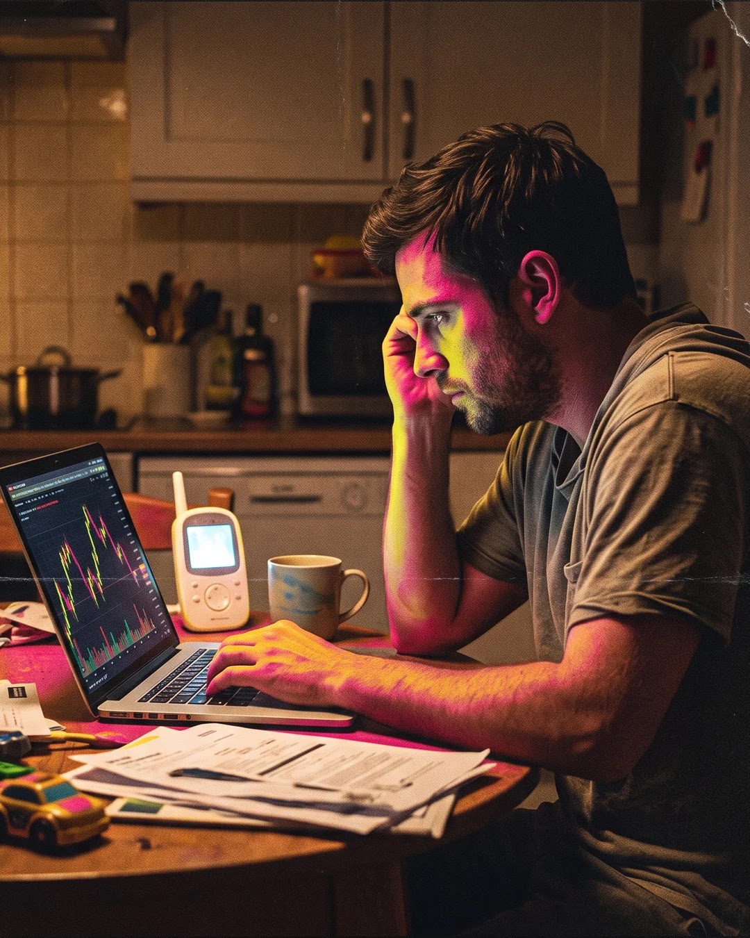 A tired father at the kitchen table at night with a laptop chart and a baby monitor