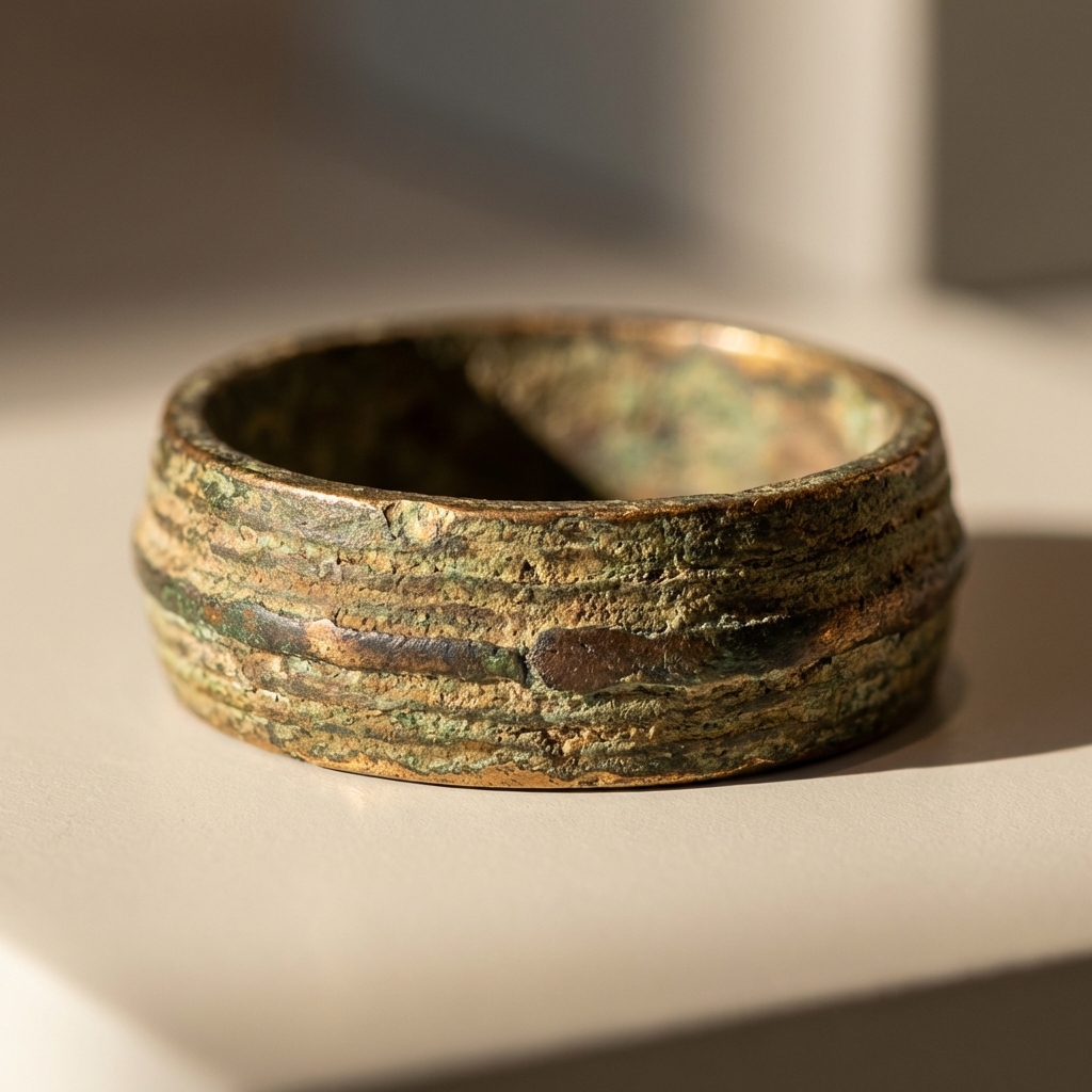 Macro close up of ancient celtic ring money hoop cross section showing layered green and brown patina and a visible join under raking light on beige background