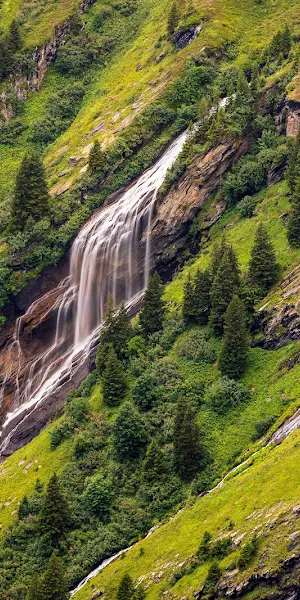 Mountain Waterfall, Alpine Landscape, Nature Scenery, Green Hillside 8K Wallpaper Background