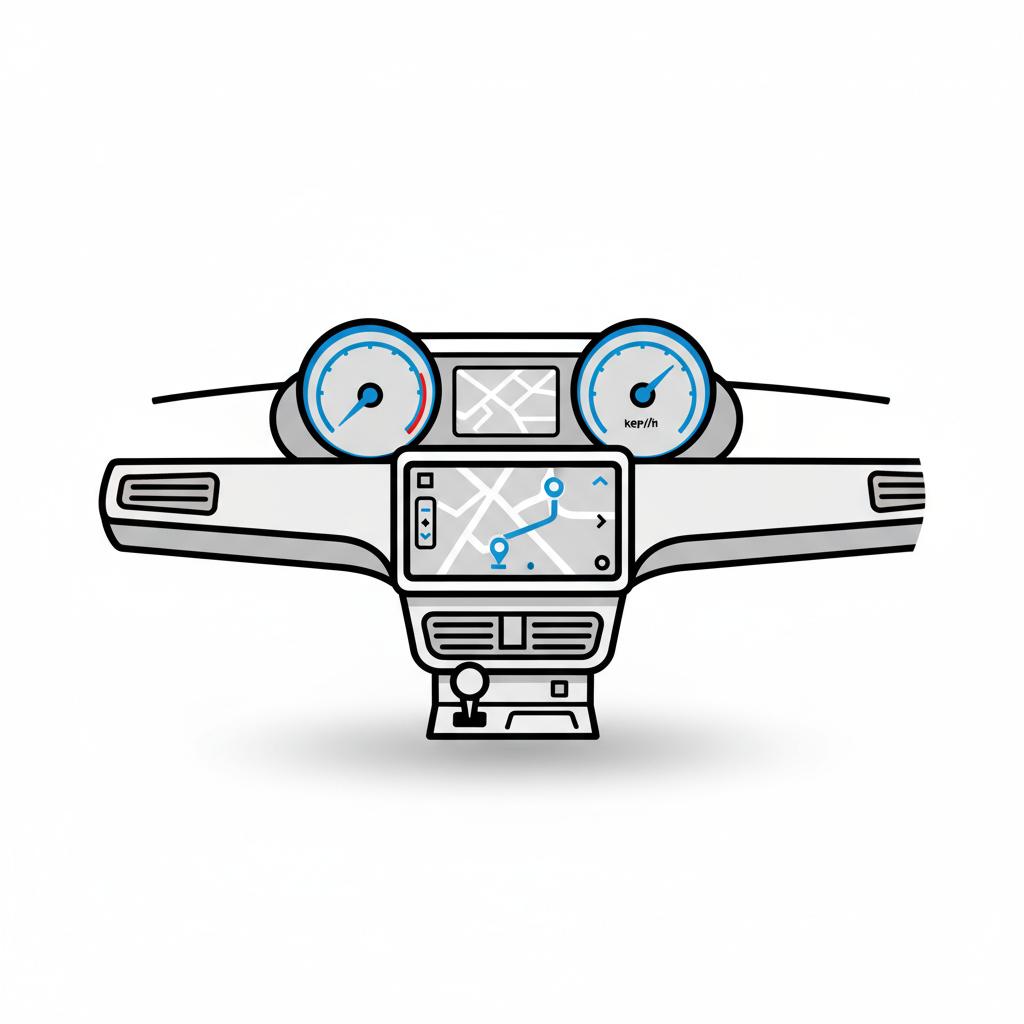 Minimalist 2D vector dashboard focused on instrument cluster and infotainment screen in test drive view showing abstract route and gauges subaru wrx automatic for sale