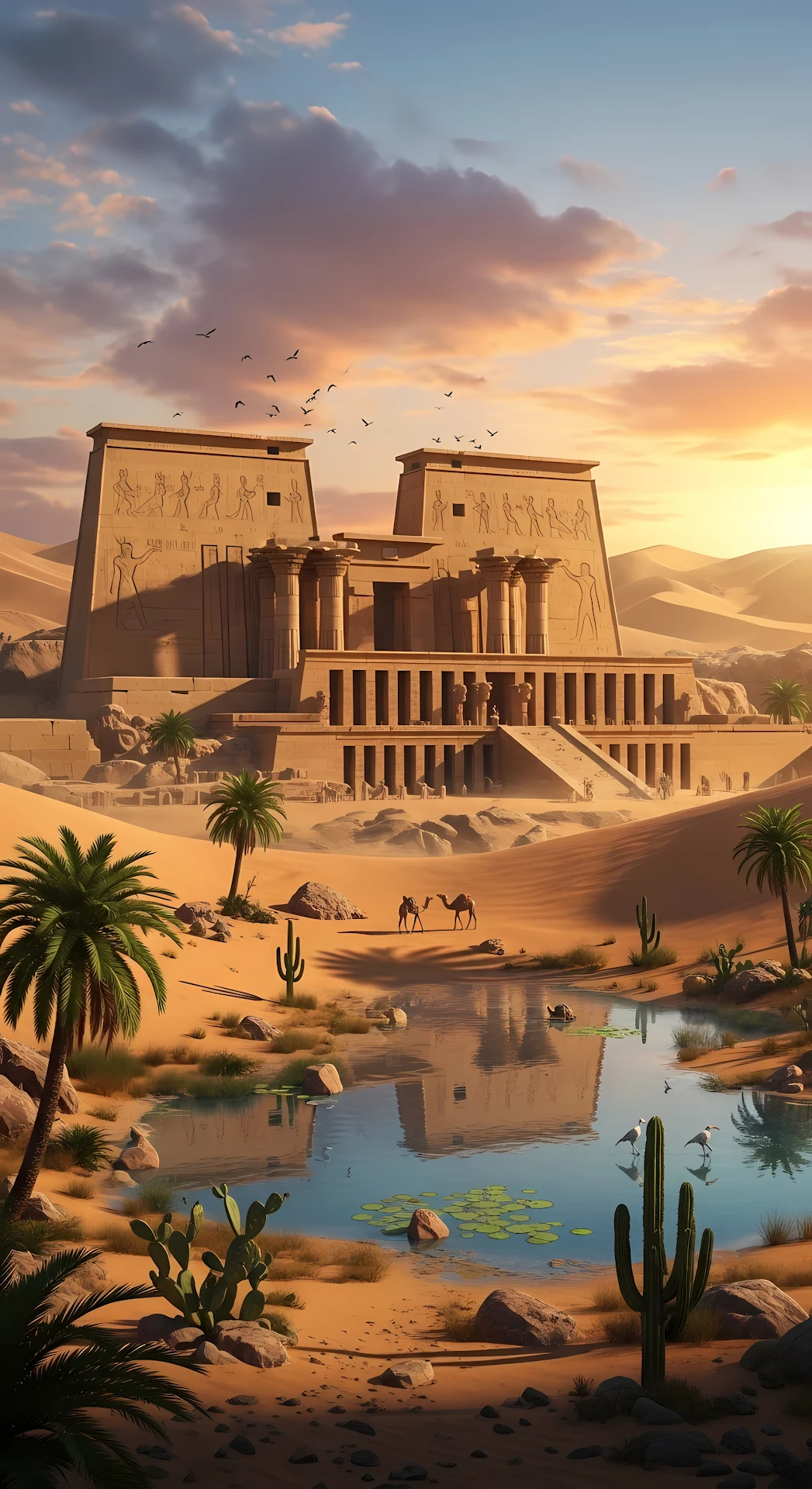 Egyptian Temple Oasis at Sunset - Free 4K mobile Wallpaper