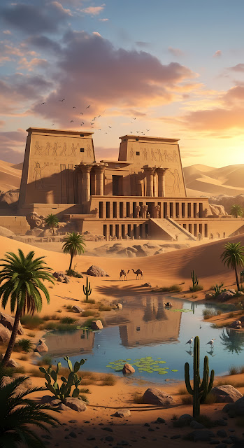 Egyptian Temple Oasis at Sunset - Free mobile Wallpaper