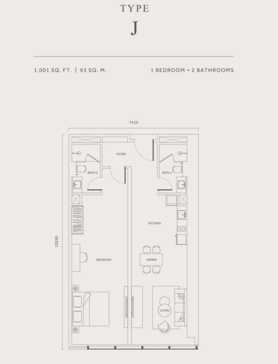 CloutHaus Type J floor plan — 949 sq ft, 3 bedrooms