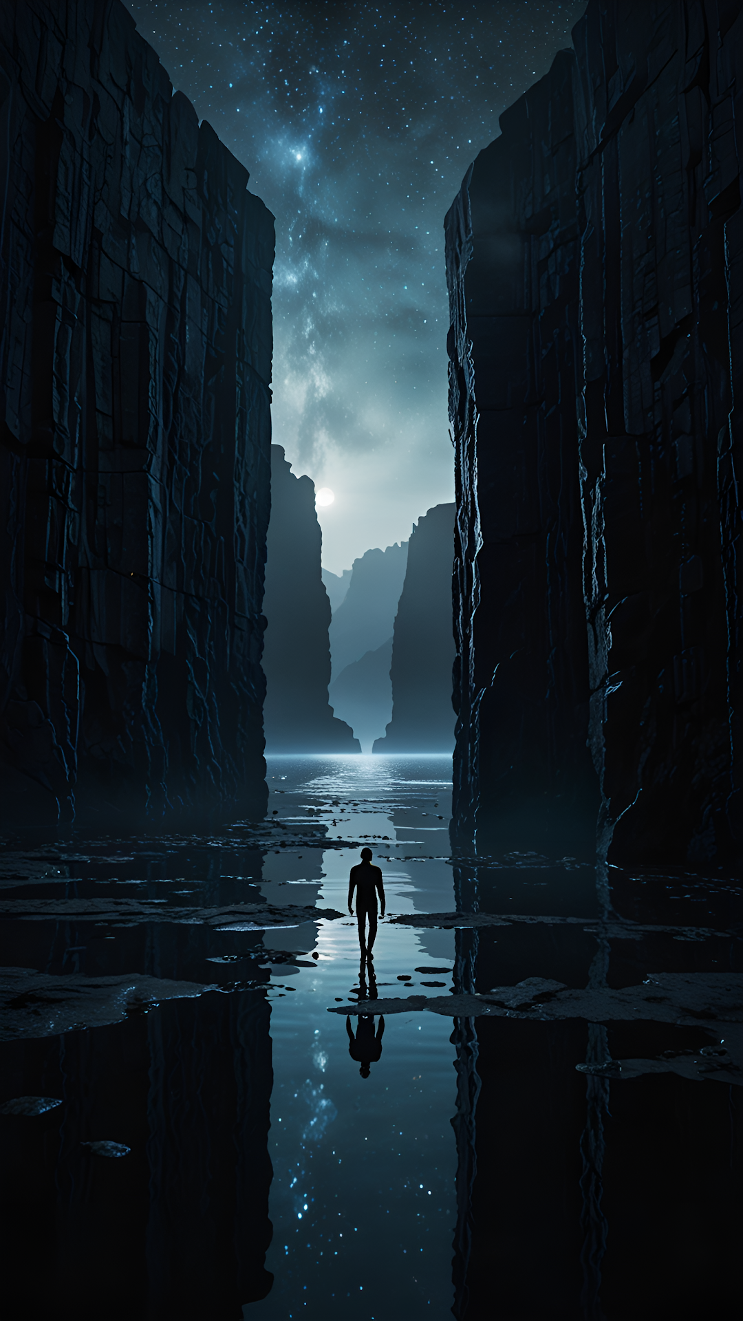 Silhouette Walking Through Moonlit Canyon Under Starry Sky - Free 4K mobile Wallpaper
