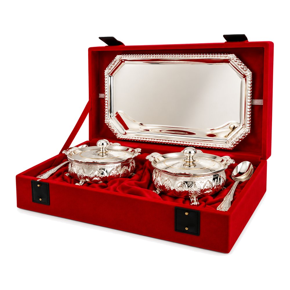 India Silver Tray with 2 Lidded Bowls & Spoons Gift Set