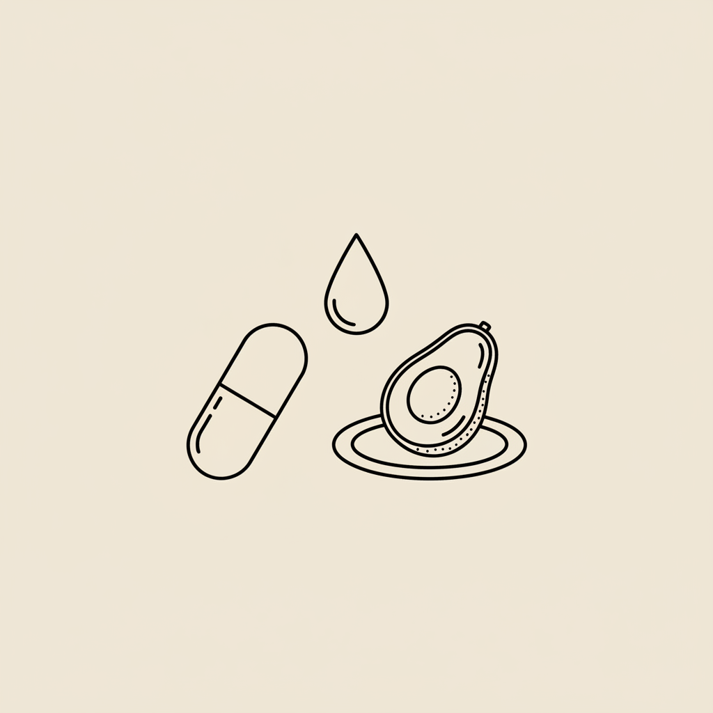 Minimal Tonum-style line illustration of a capsule, small plate with an avocado slice and a water droplet on beige background — what vitamins cannot be mixed with magnesium