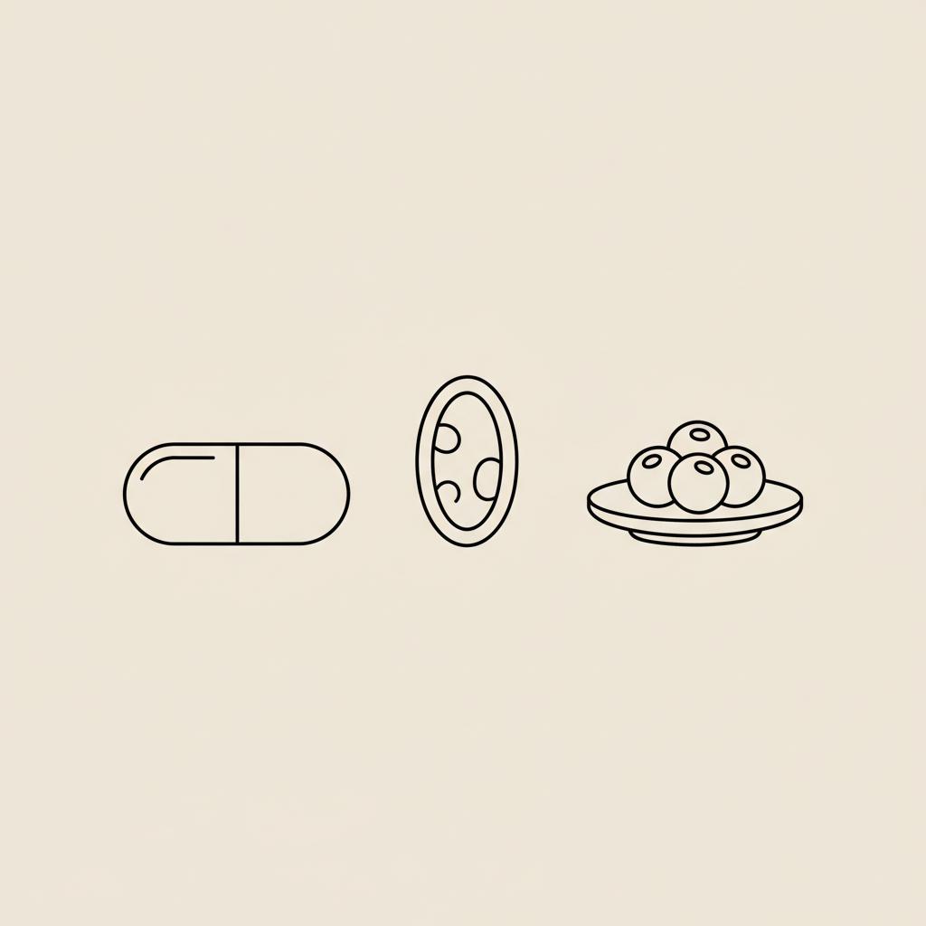 Minimalist line illustration of a capsule, mitochondrion outline, and small plate with berries on beige background, symbolizing an AMPK activator supplement