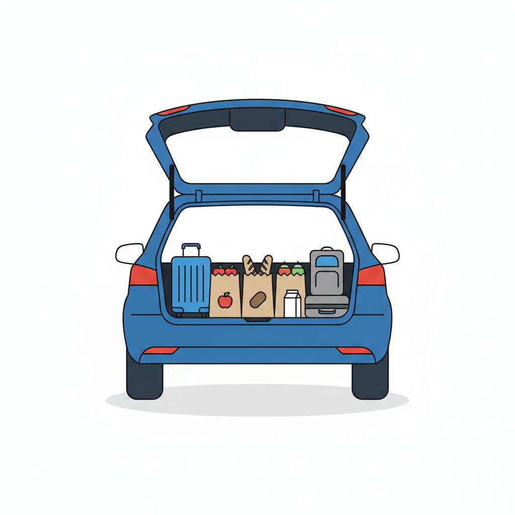 bmw m2 for sale open trunk with groceries and luggage illustrating cargo capacity minimalist 2D vector on white background
