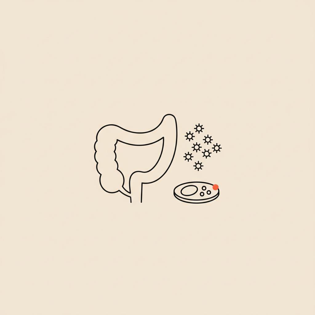 Minimalist vector line illustration of an abstract gut outline with a small cluster of microbes and a plate showing protein and carbs on a beige background — Where does 90% of serotonin come from?