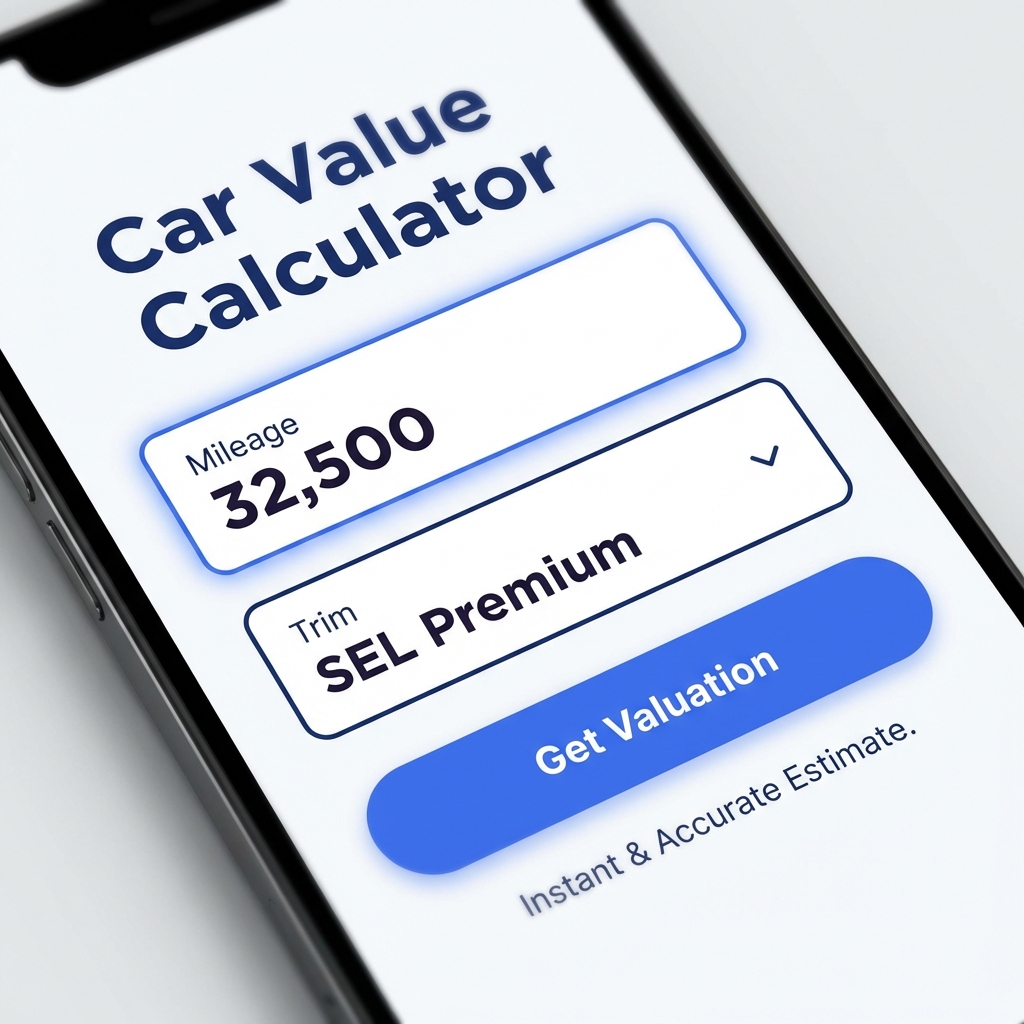 Close up of smartphone showing a minimalist car valuation calculator screen with highlighted mileage and trim fields in CarFax Deals brand colors