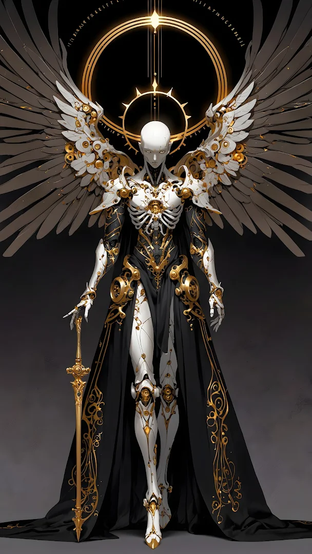 Ornate Angelic Cyborg Warrior, Black Gold Mecha Design