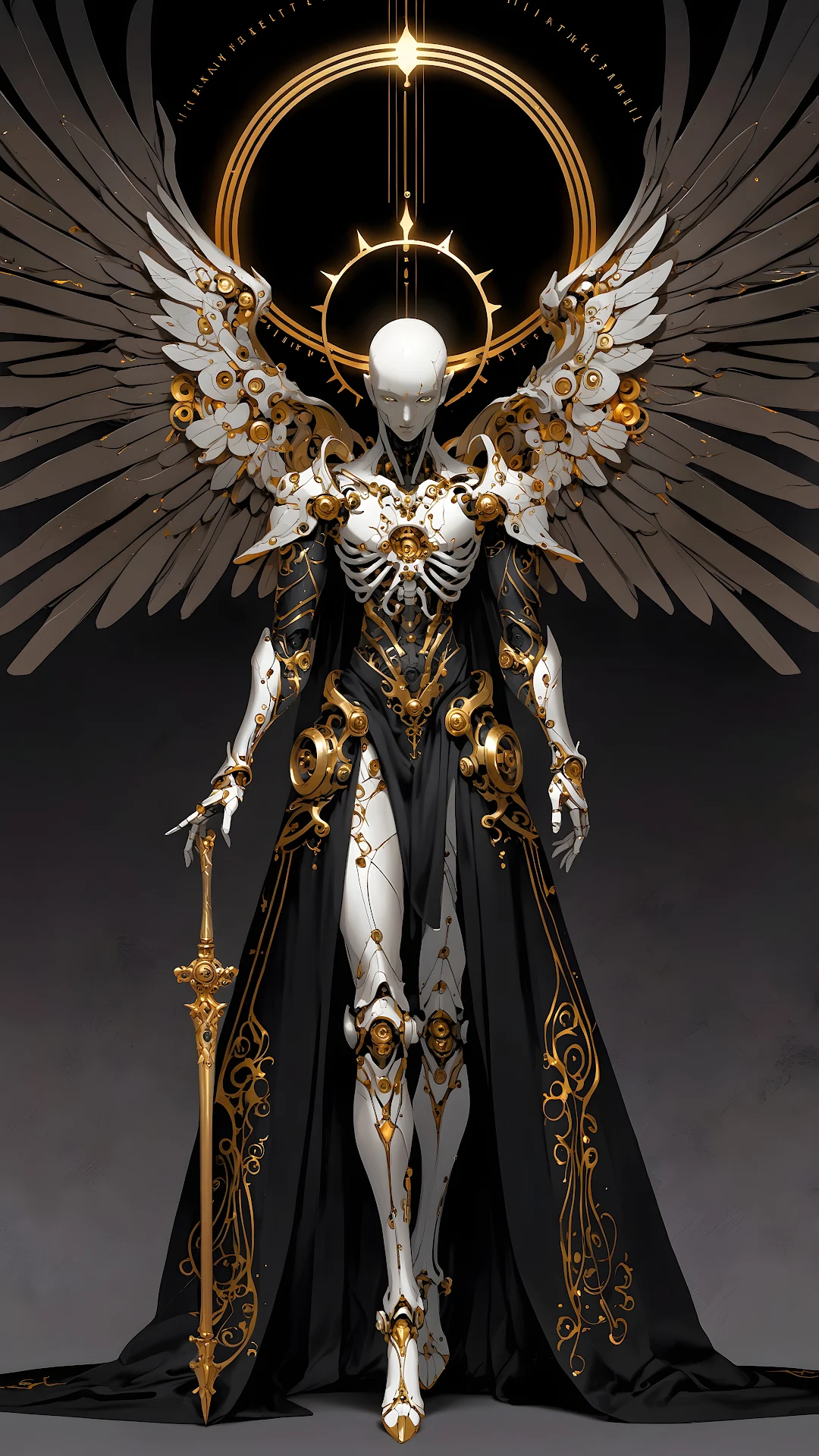 Ornate Angelic Cyborg Warrior, Black Gold Mecha Design - Free 4K mobile Wallpaper
