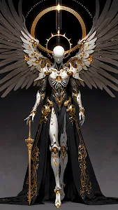 Ornate Angelic Cyborg Warrior, Black Gold Mecha Design