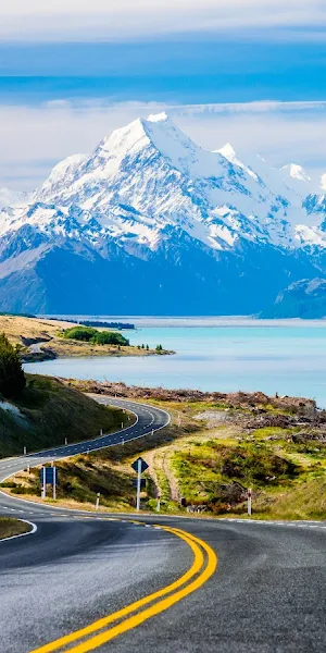 Mountain Road, Scenic Landscape, Lake View, Snowy Peaks 5K Wallpaper Background