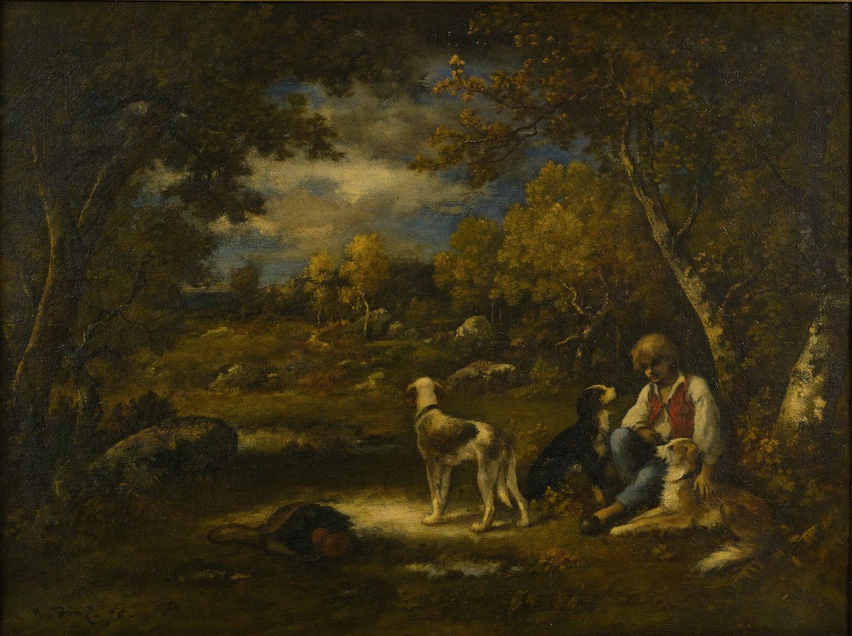Boy With His Dogs In A Wood 76