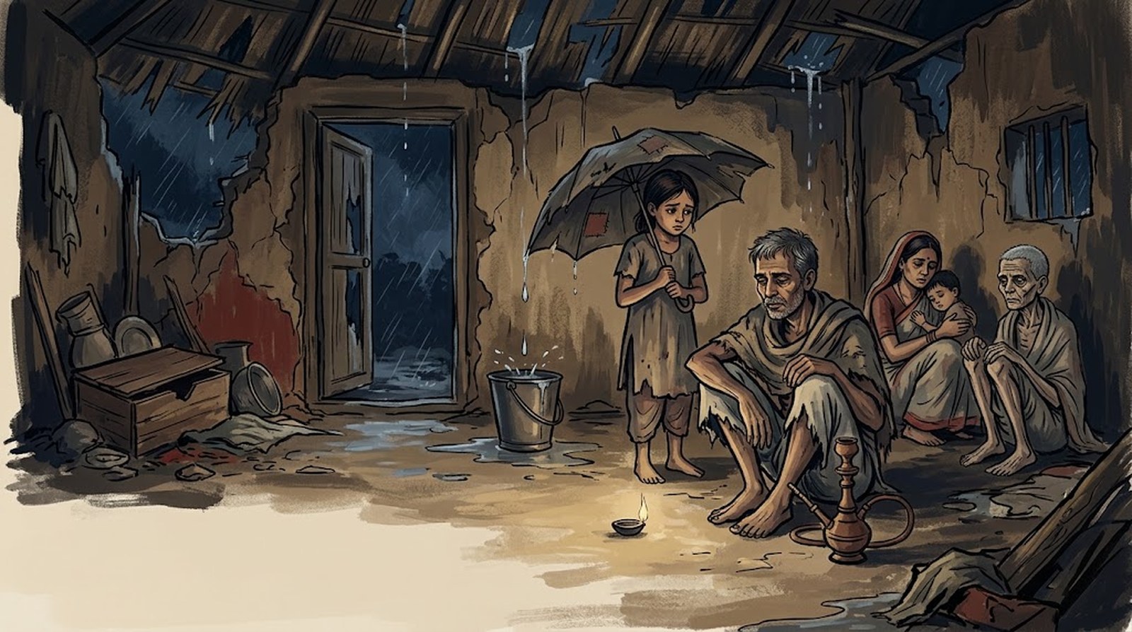ভাঙা ছাতি, ঝরে পড়া জল আর মিটমিটে প্রদীপের আলোয় নীলমণি