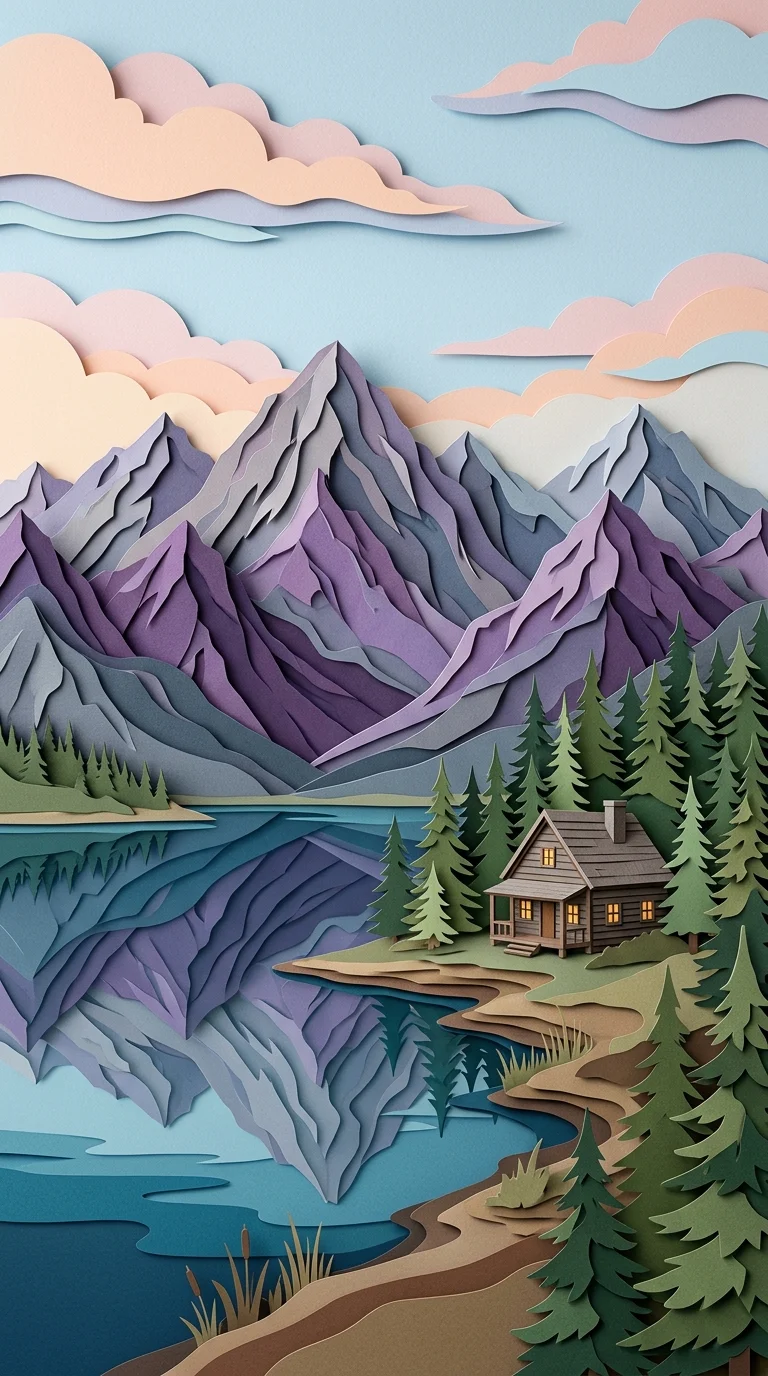 Mountain Landscape in Layered Paper-Cut Style with Lake and Cabin - Free 4K mobile Wallpaper