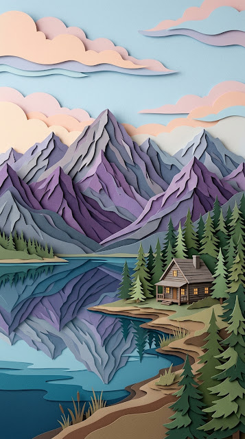 Mountain Landscape in Layered Paper-Cut Style with Lake and Cabin - Free mobile Wallpaper