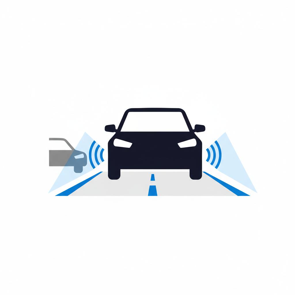 Minimal 2D vector of an SUV using lane keep assist and automatic emergency braking on a daytime highway, toyota suv for sale