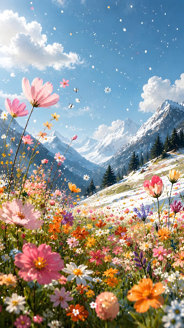 Colorful pink and yellow flowers in foreground meadow with snowcovered mountain peak and blue sky background.