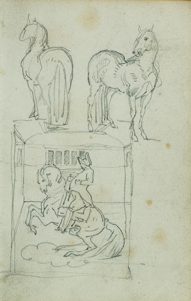 Two standing horses Man riding a rearing horse 1812   1814