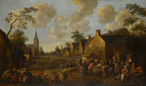 A village street scene with children playing in the foreground and figures drink