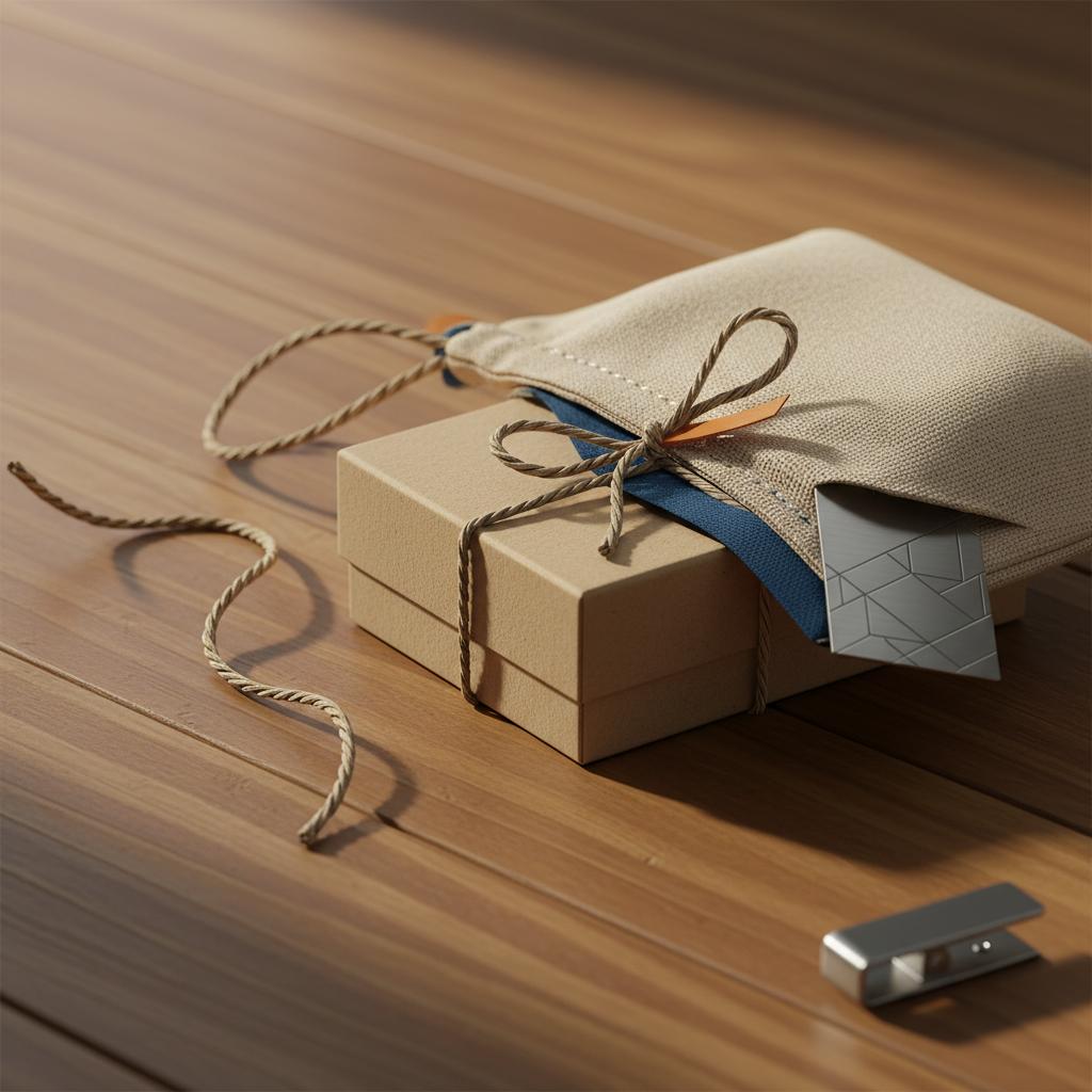 Nahaufnahme von Geschenkdetails auf Holztisch: kleine Geschenkbox, Stoffbeutel und halb sichtbarer gravierter Metallanhänger – Was kann man seiner besten Freundin zu Weihnachten schreiben?
