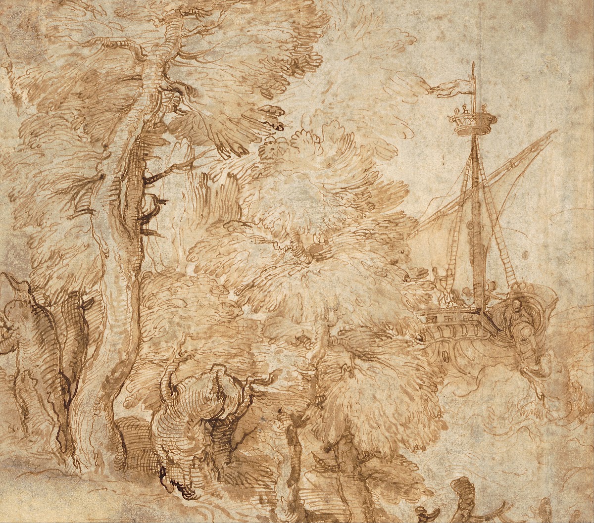 Jonah and the whale seen from a landscape with trees 1550s