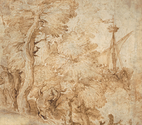Jonah and the whale seen from a landscape with trees 1550s