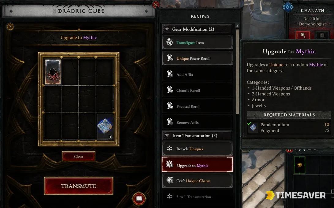 The Horadric Cube Upgrade to Mythic recipe in Diablo 4 Season 14, with Pandemonium Fragment listed as the required material