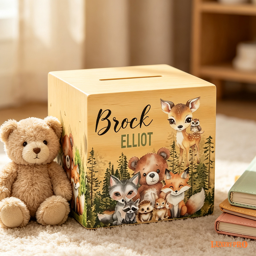 Square wooden savings box